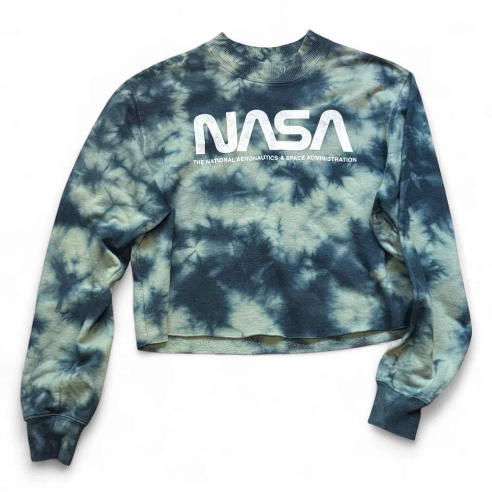 Mighty Fine NASA Grunge Blue Green Tie-Dye Cropped Crewneck Sweatshirt — LARGE